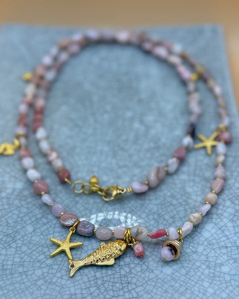 Long Pink Opal & Gold Necklace With Charms