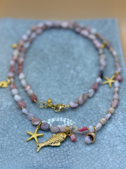 Long Pink Opal & Gold Necklace With Charms