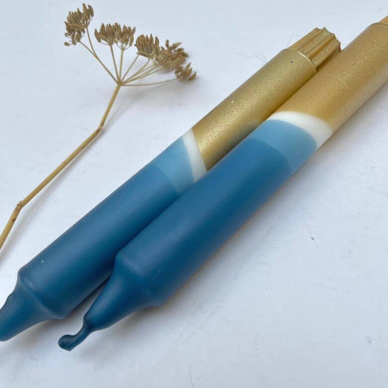 Teal Blue & Gold Dip Dyed Dinner Candles