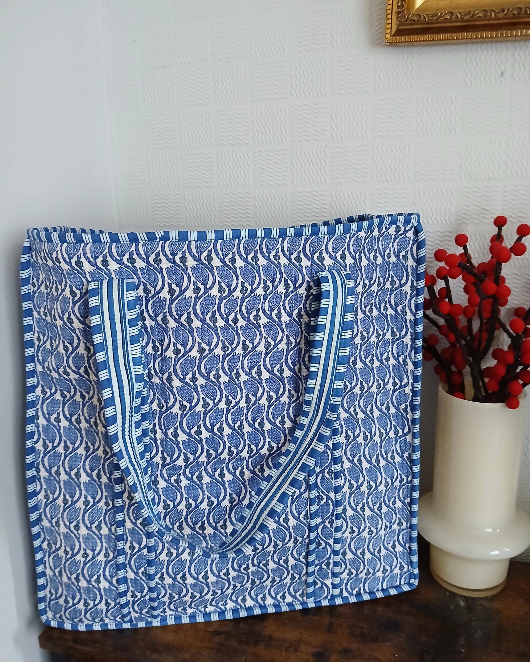 Blue Lotus Flower Print  Kantha Quilted Tote Bag