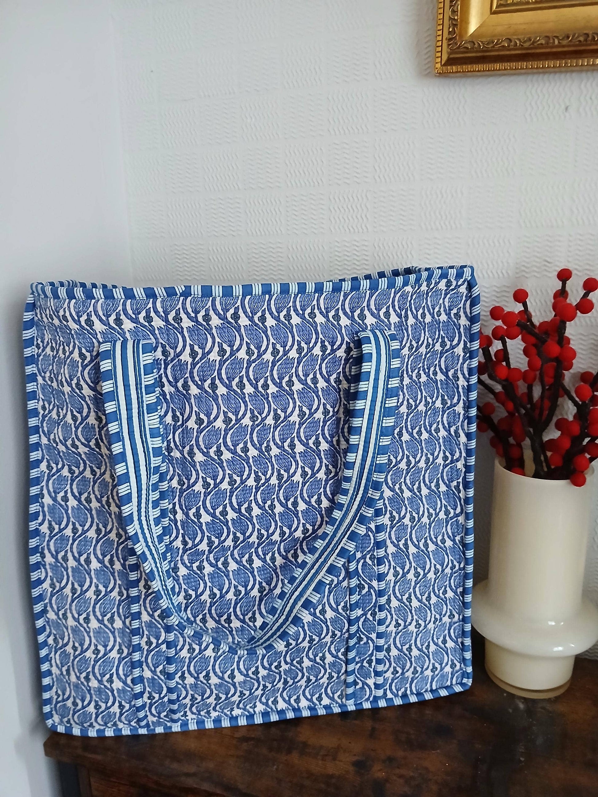 Blue Lotus Flower Print  Kantha Quilted Tote Bag