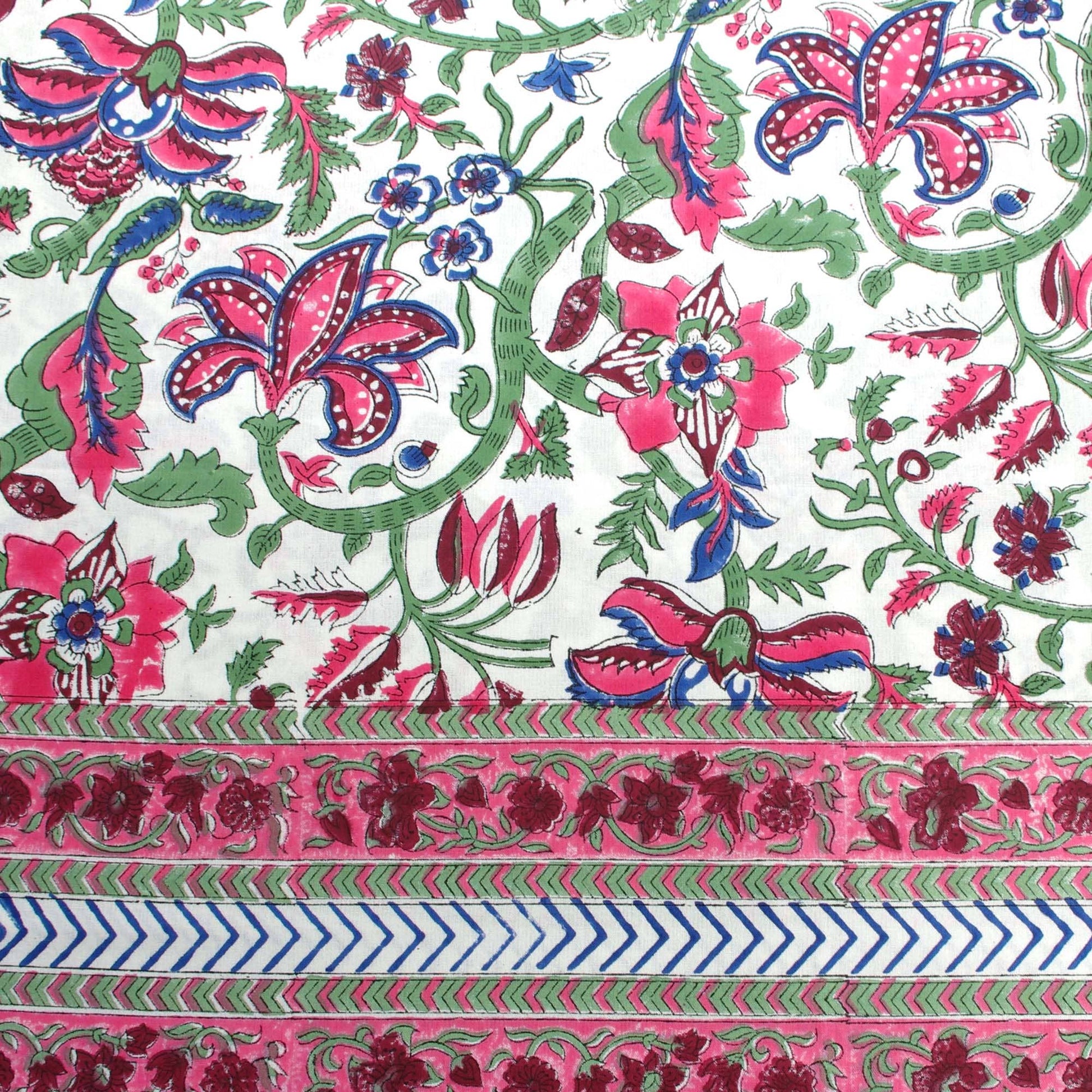 Block Printed Rectangular Tablecloth - Pink Green Floral