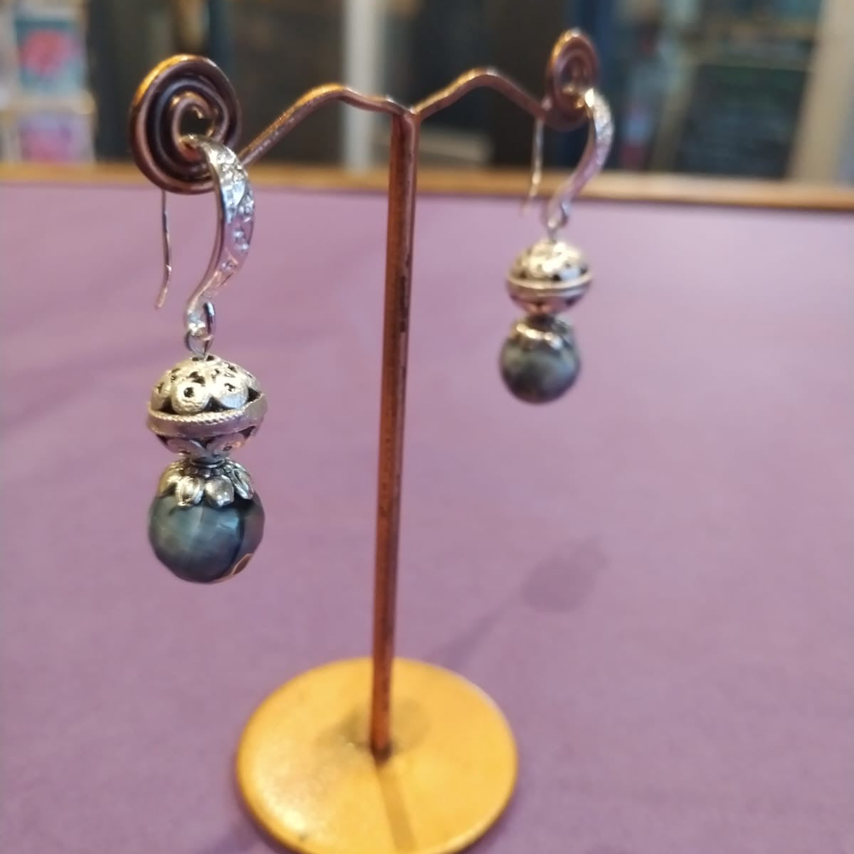 Blue black and silver drop earrings