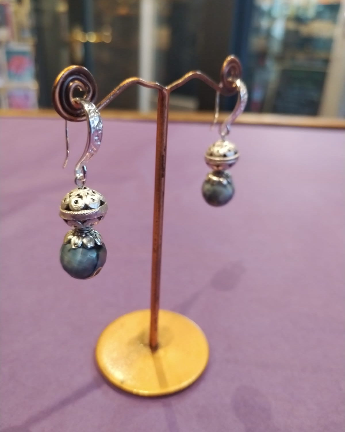 Blue black and silver drop earrings