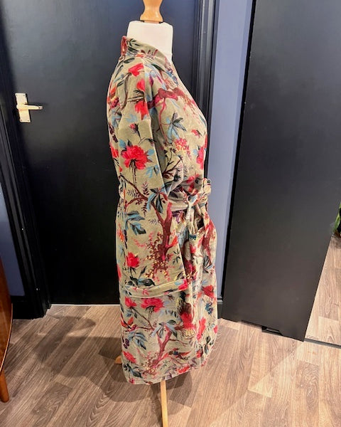 Green Velvet Tropical Birds Robe