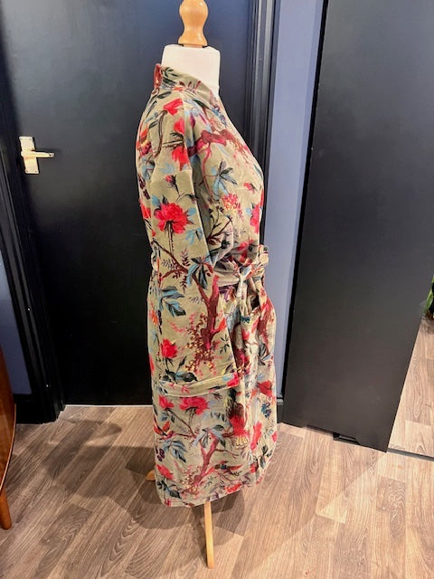 Green Velvet Tropical Birds Robe