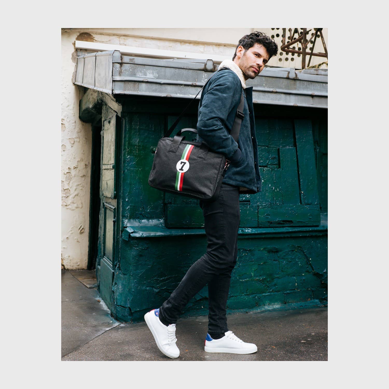 No 7 Computer Bag in Black Canvas & Leather in Italian Colours