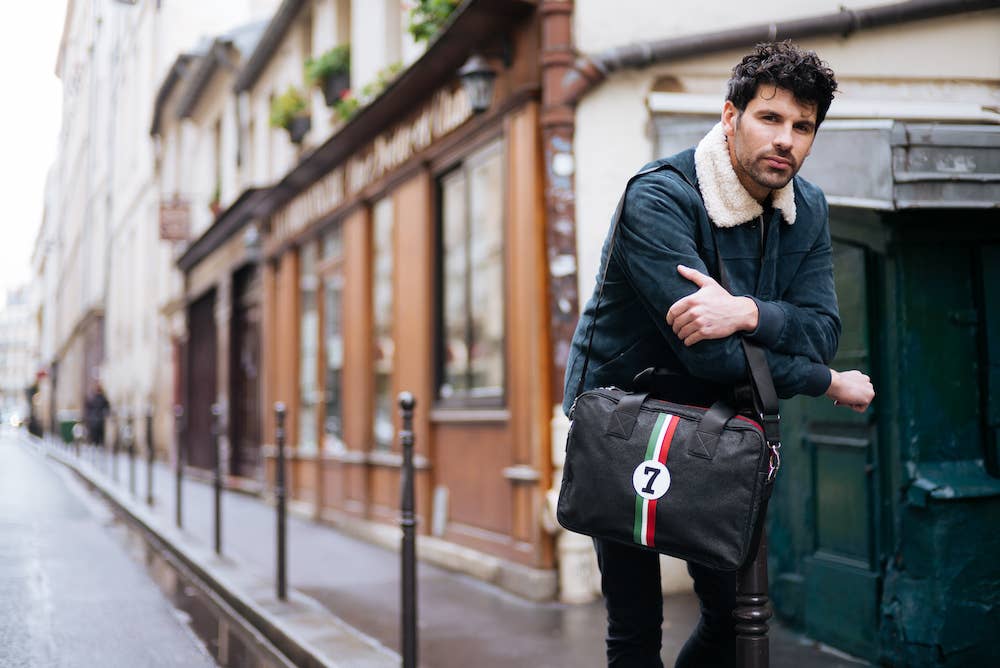 No 7 Computer Bag in Black Canvas & Leather in Italian Colours