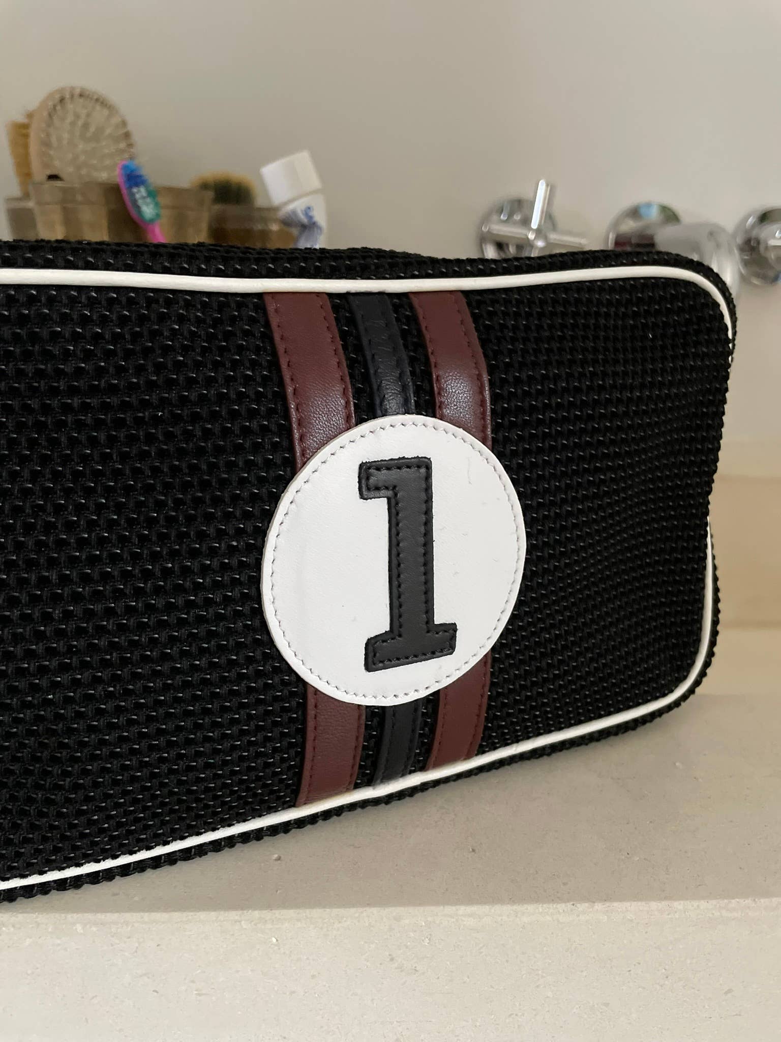 1 Black wash bag for man in upcycled canvas and leather