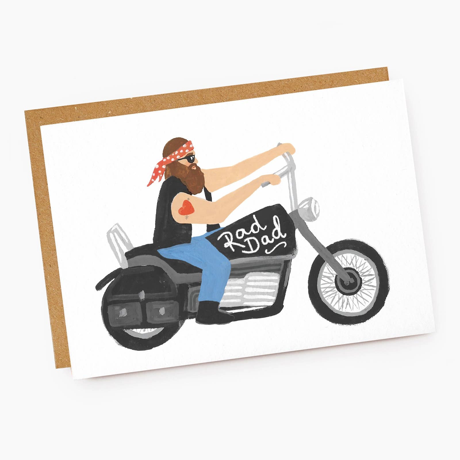 Card with illustration of a man on a motorcycle labeled 'Rad Dad' on a white background.