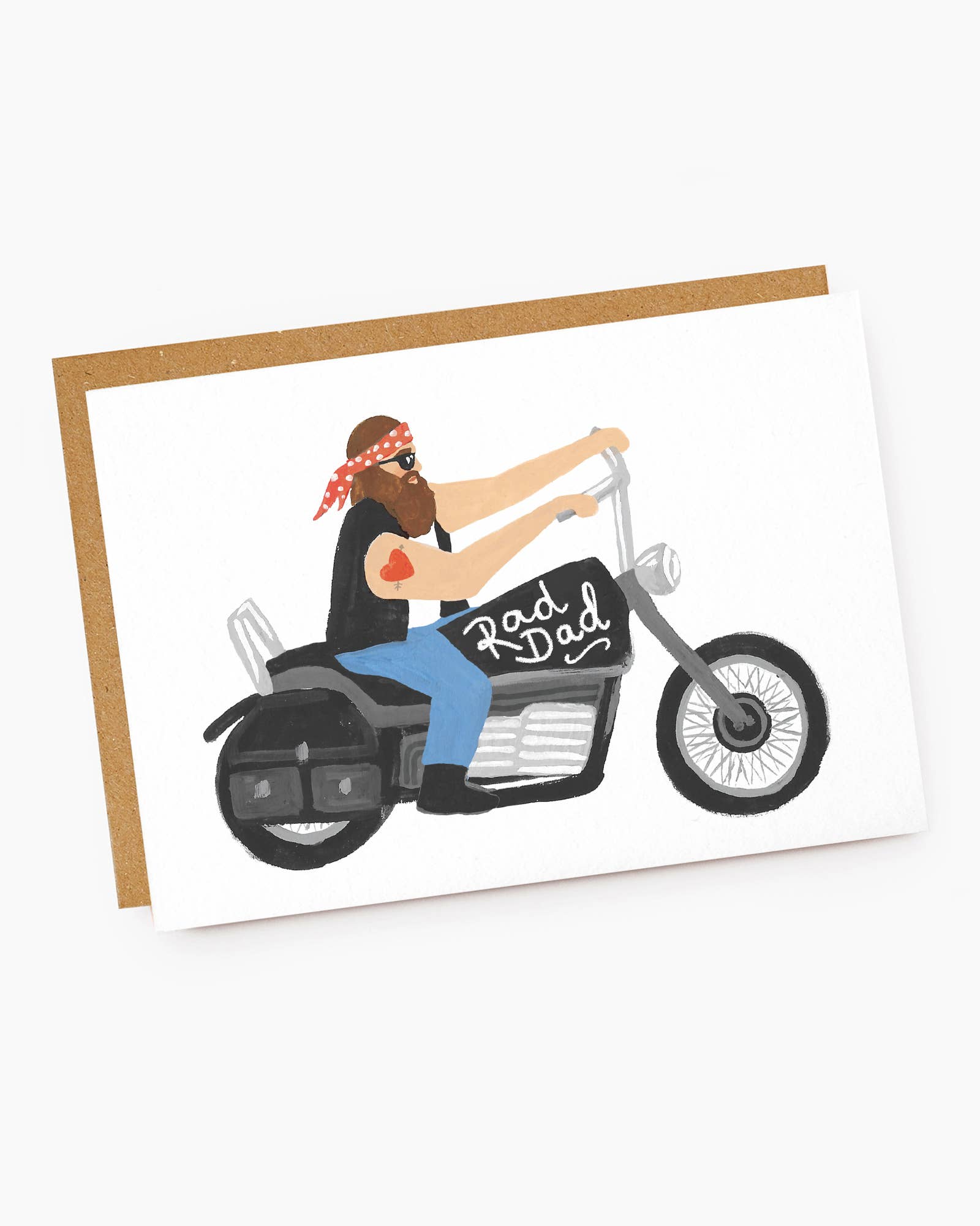 Card with illustration of a man on a motorcycle labeled 'Rad Dad' on a white background.