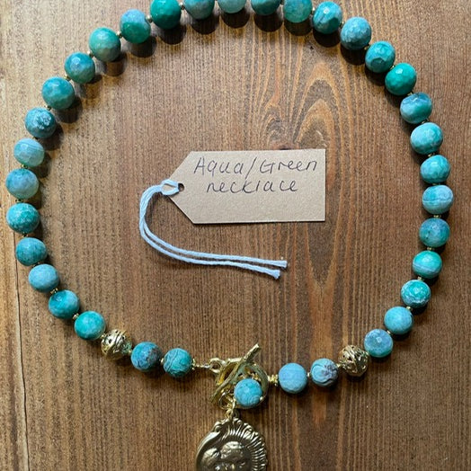 Aqua / green agate & gold necklace