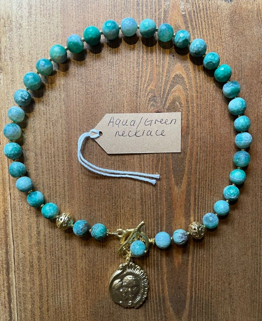 Aqua / green agate & gold necklace
