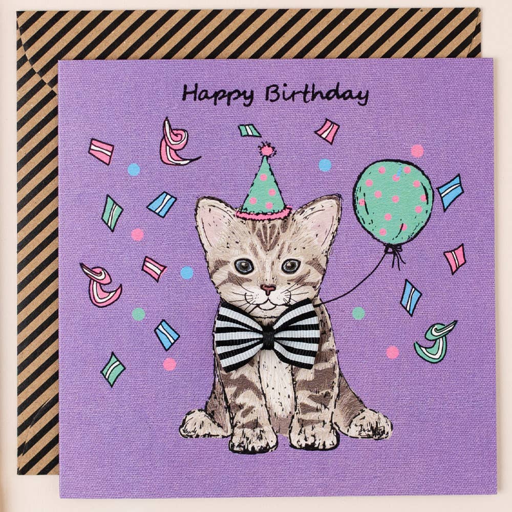 Birthday Tabby Cat Card Purple