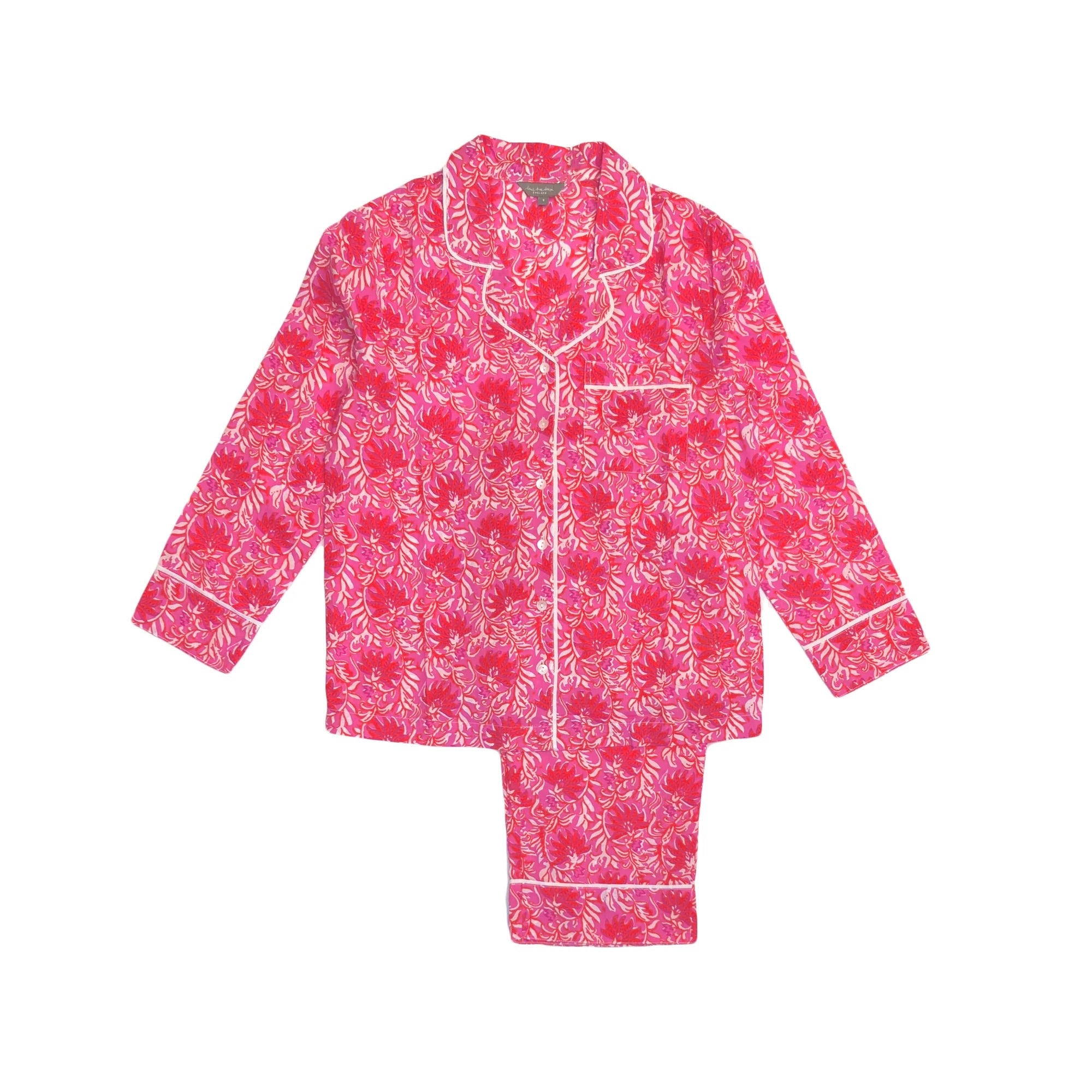 Pink floral pajama set on a white background