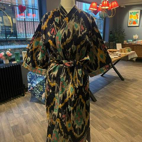 Luxury Velvet Robe - Black Ikat (short)