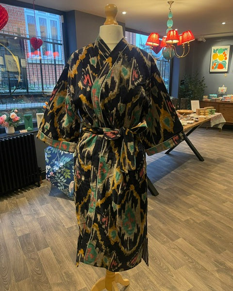 Luxury Velvet Robe - Black Ikat (short)