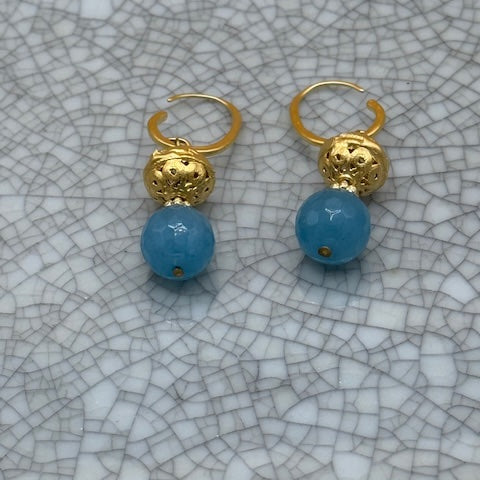 Teal blue faceted bead earrings with gold