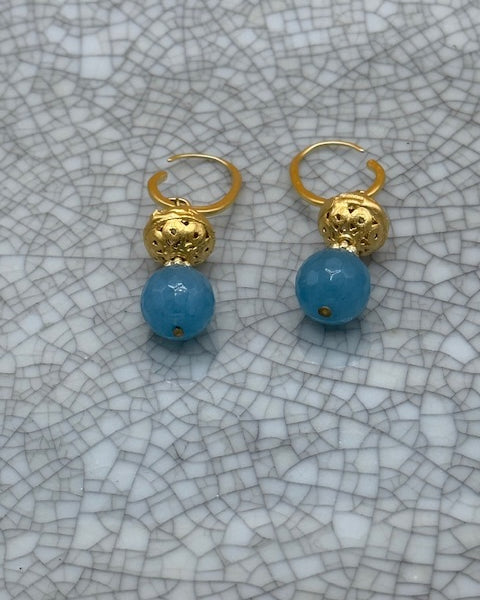 Teal blue faceted bead earrings with gold