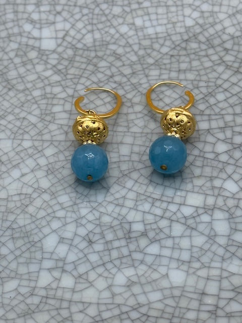 Teal blue faceted bead earrings with gold