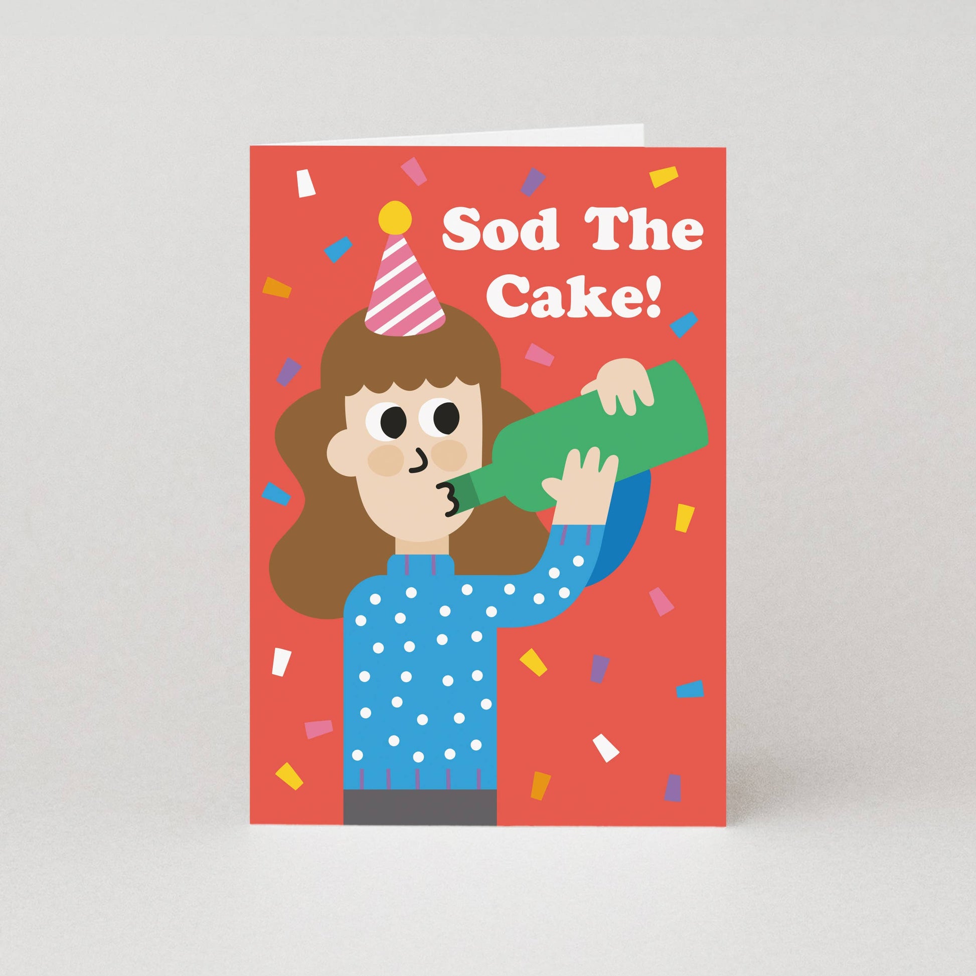 Card with illustration of a person in a party hat holding a bottle, text 'Sod The Cake!' on a red background.