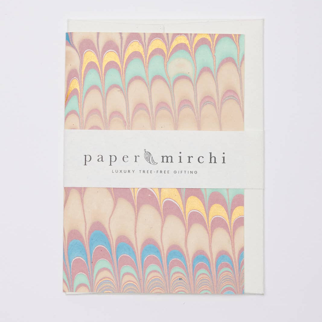 Hand Marbled Greeting Card - Scallops Mint Rose