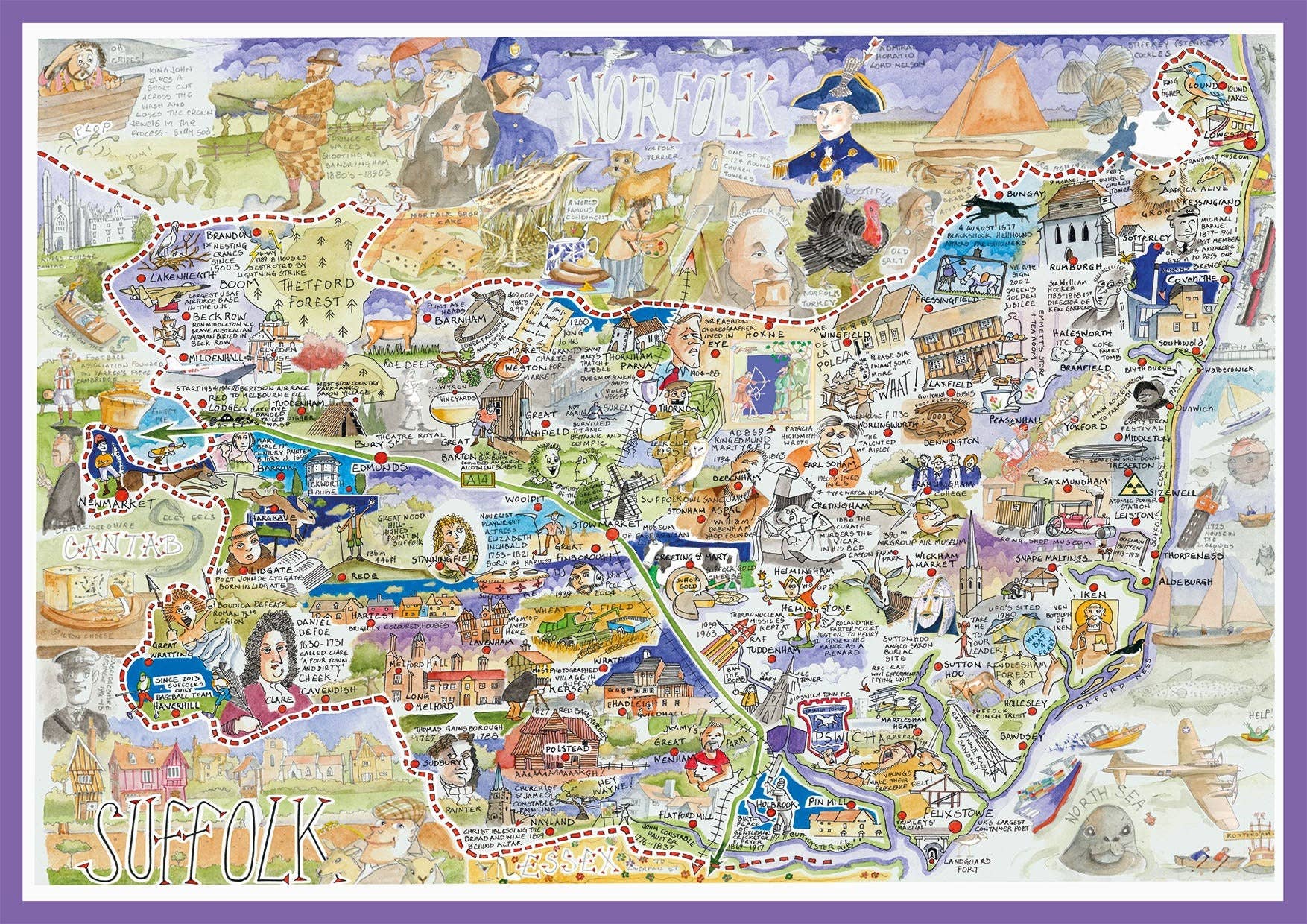 Cartoon map of Suffolk with various illustrations and landmarks