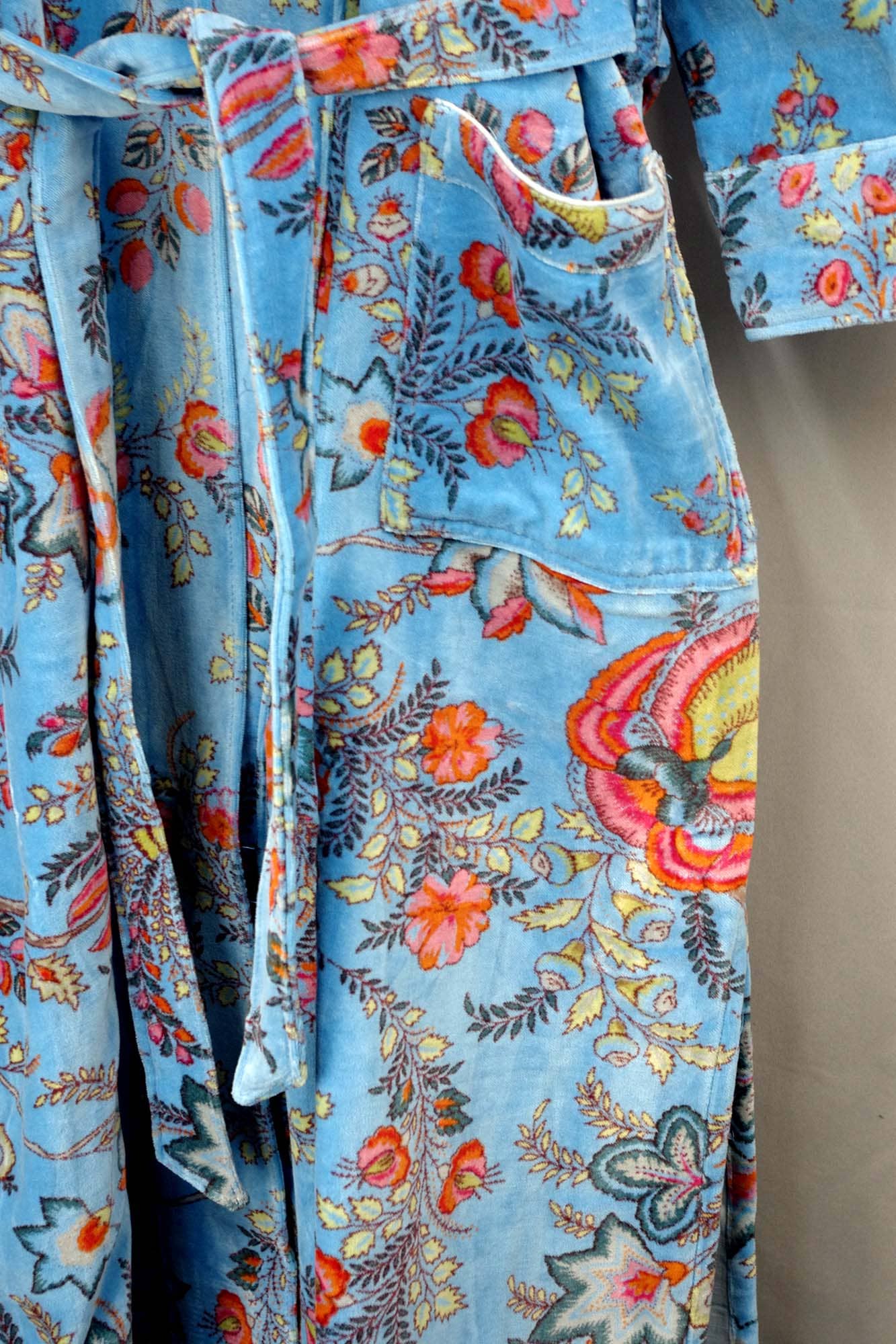 Velvet Kimono With Lining Gown - Blue Floral