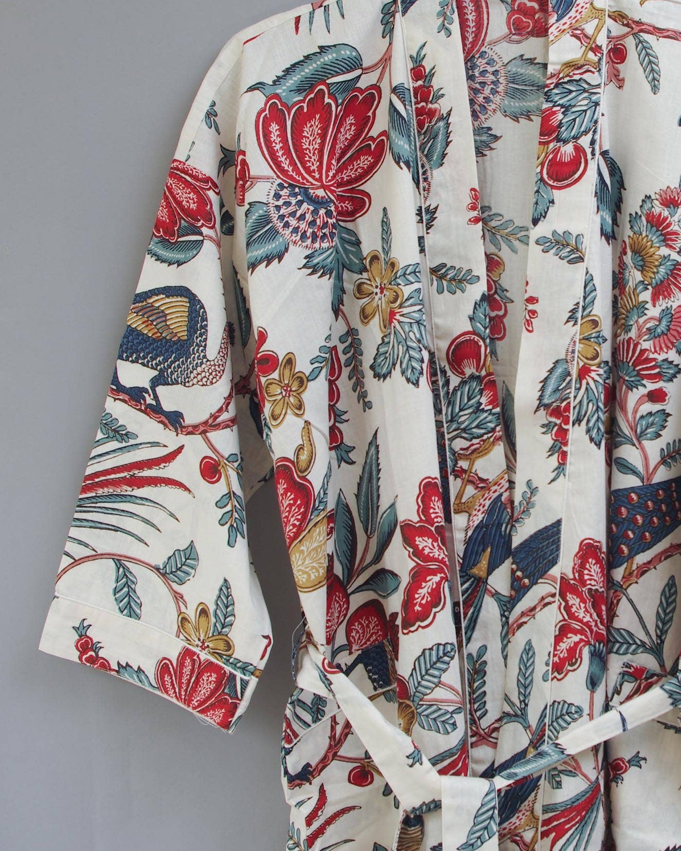 Cotton Kimono Dressing Gown Robe -Tropical Birds On White