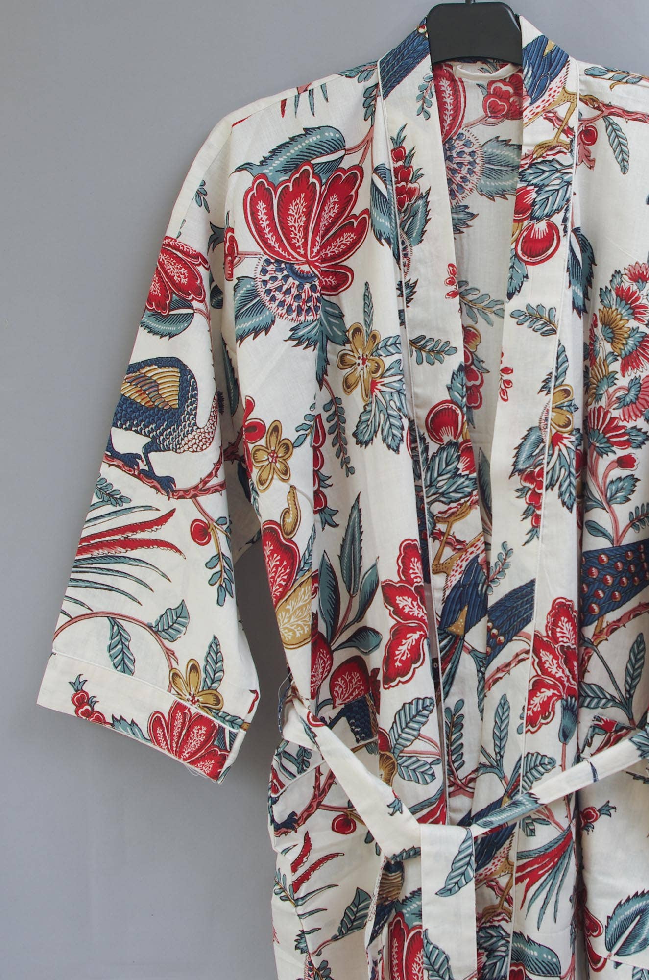 Cotton Kimono Dressing Gown Robe -Tropical Birds On White