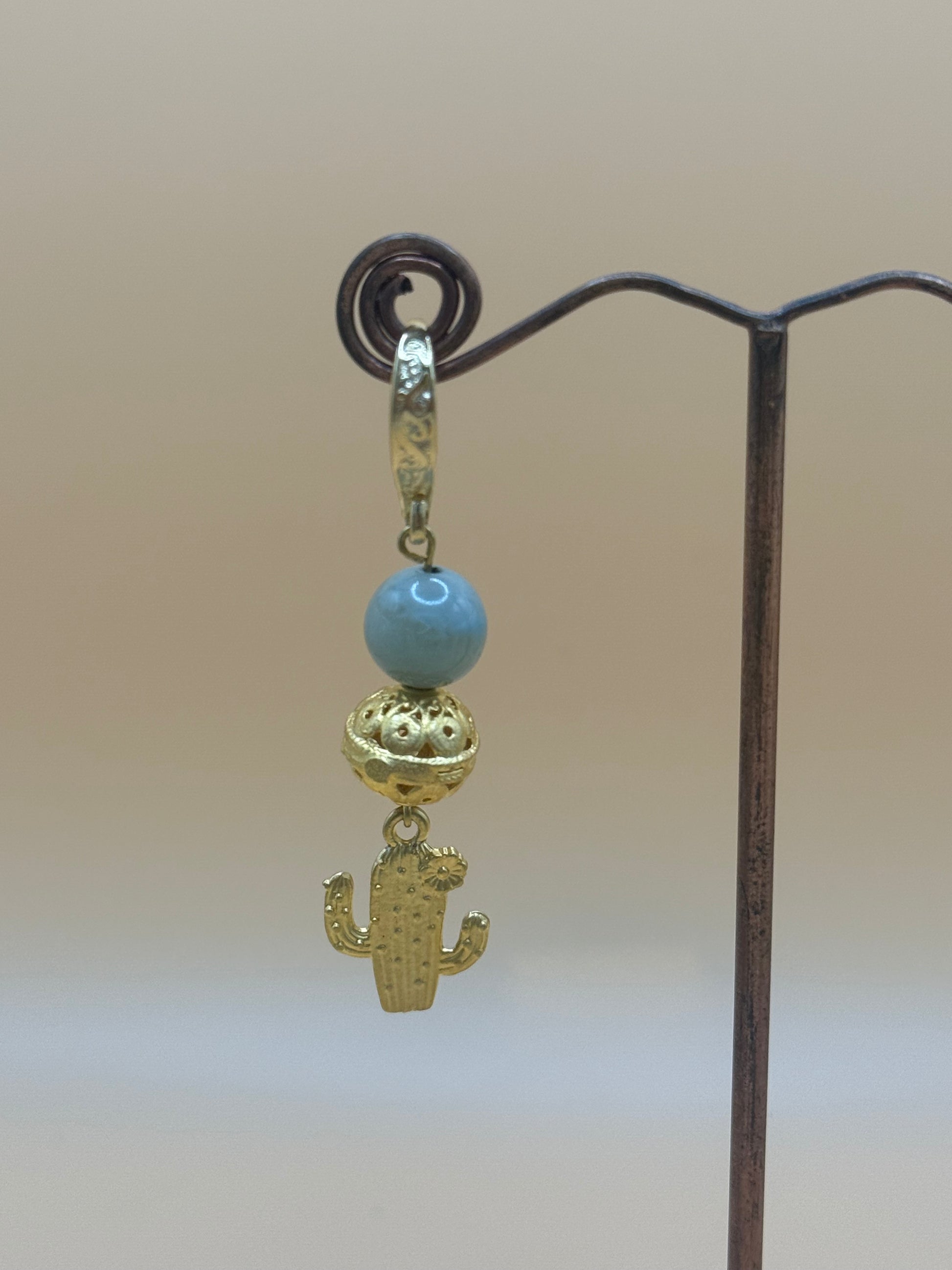 Green Agate and Gold Cactus Drop Earring