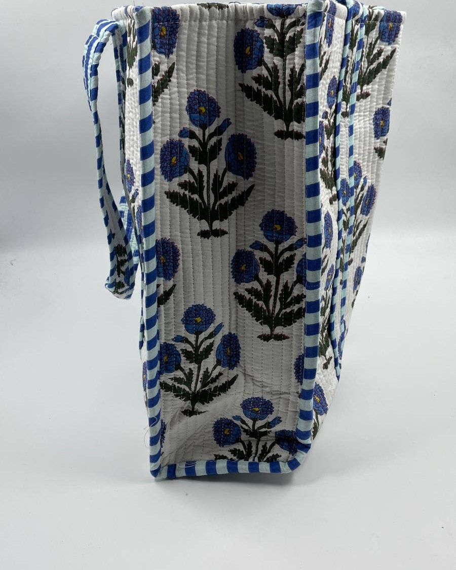Kantha Quilted Blue Floral Tote Bag