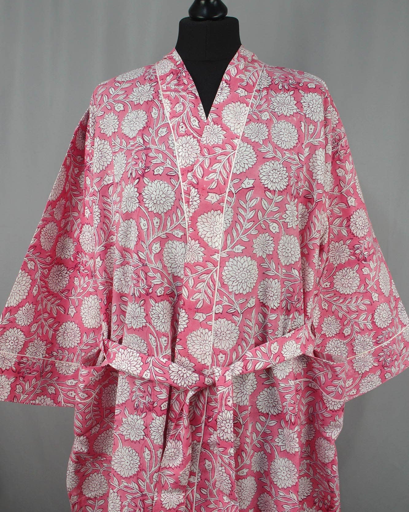Cotton Kimono Dressing Gown - White Flowers On Pink