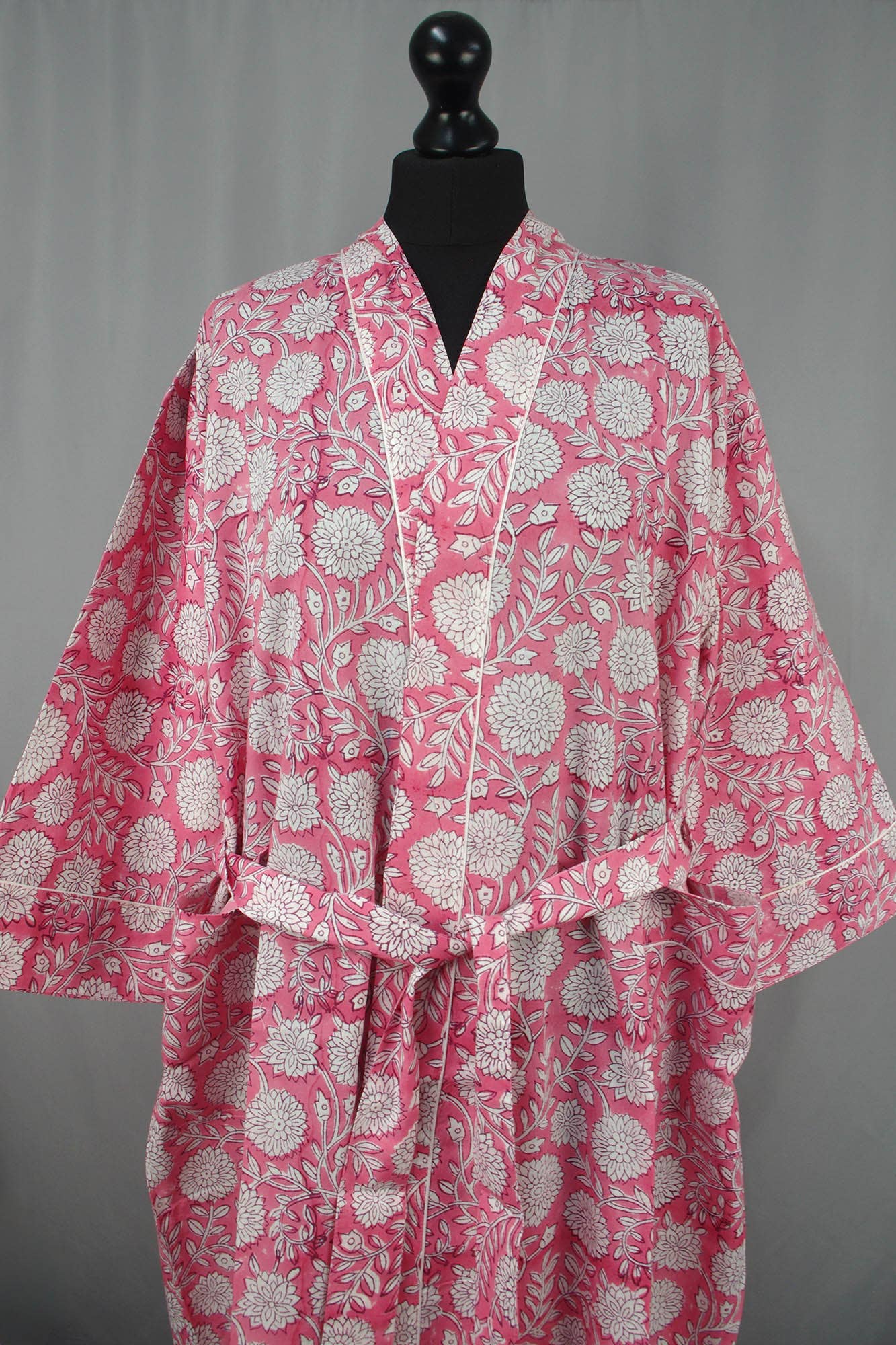 Cotton Kimono Dressing Gown - White Flowers On Pink