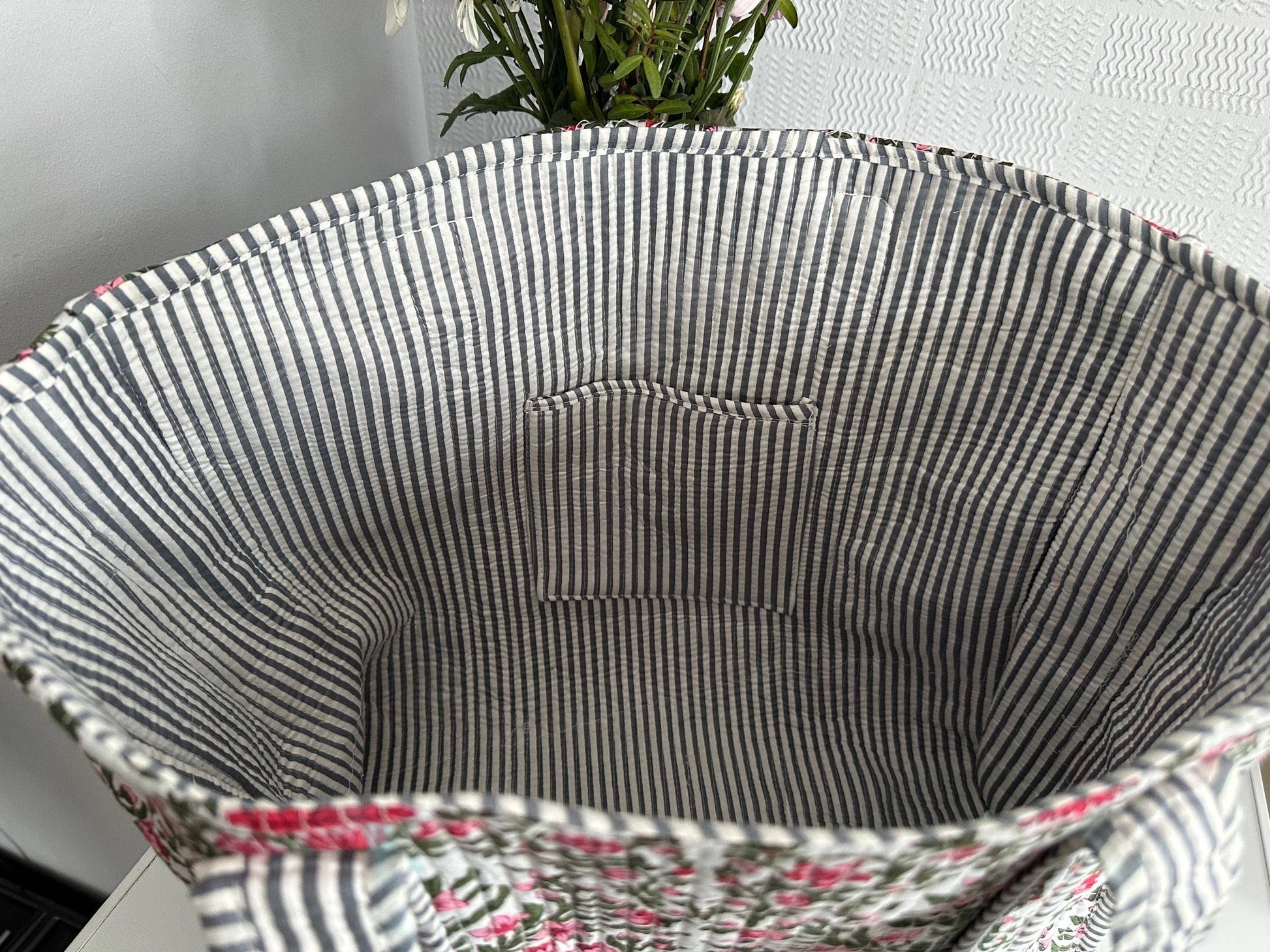 Pink & Green Floral Design - Cotton Quilted Tote Bag