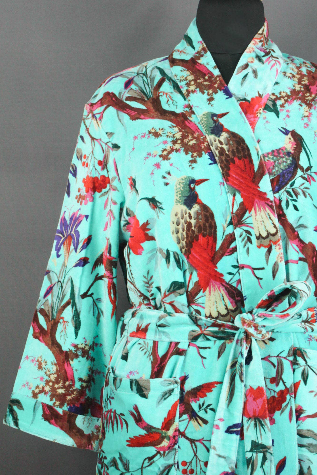 Unlined Luxury Cotton Velvet Kimono Robe - Blue Tropical