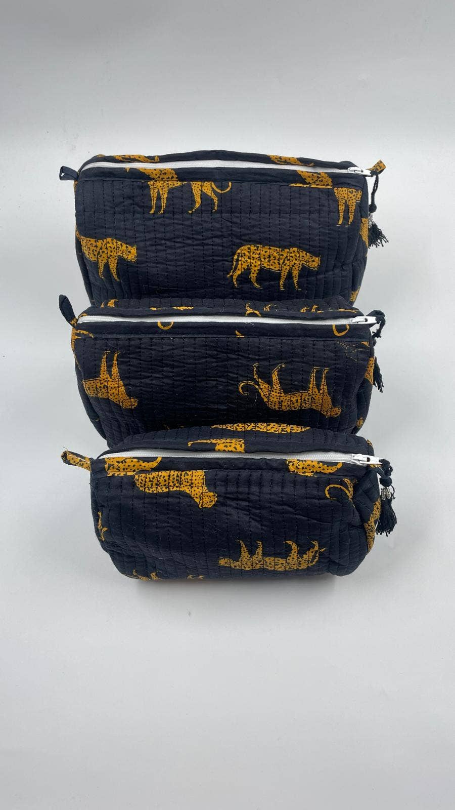 Black leopard print  quilted wash bags, set of three