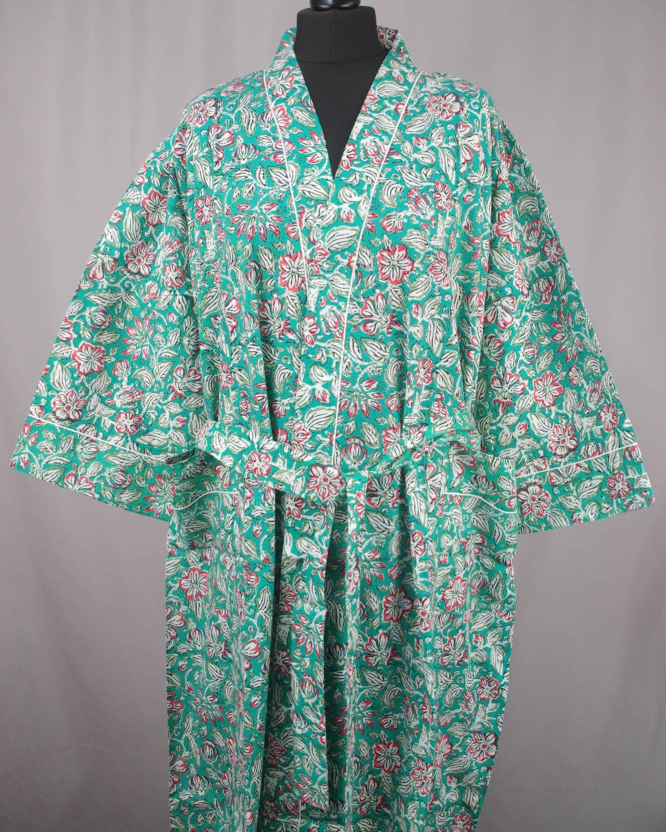 Cotton Kimono - Red Flowers On Teal Green