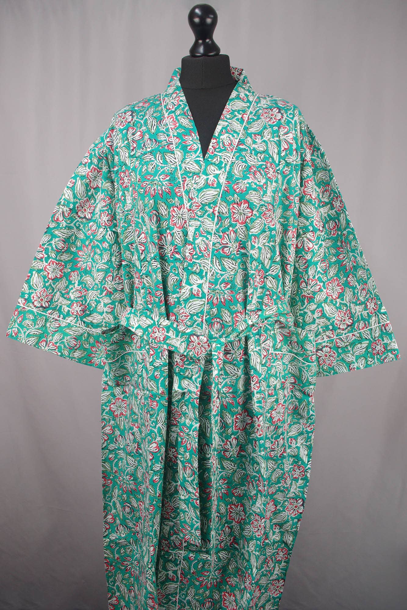 Cotton Kimono - Red Flowers On Teal Green