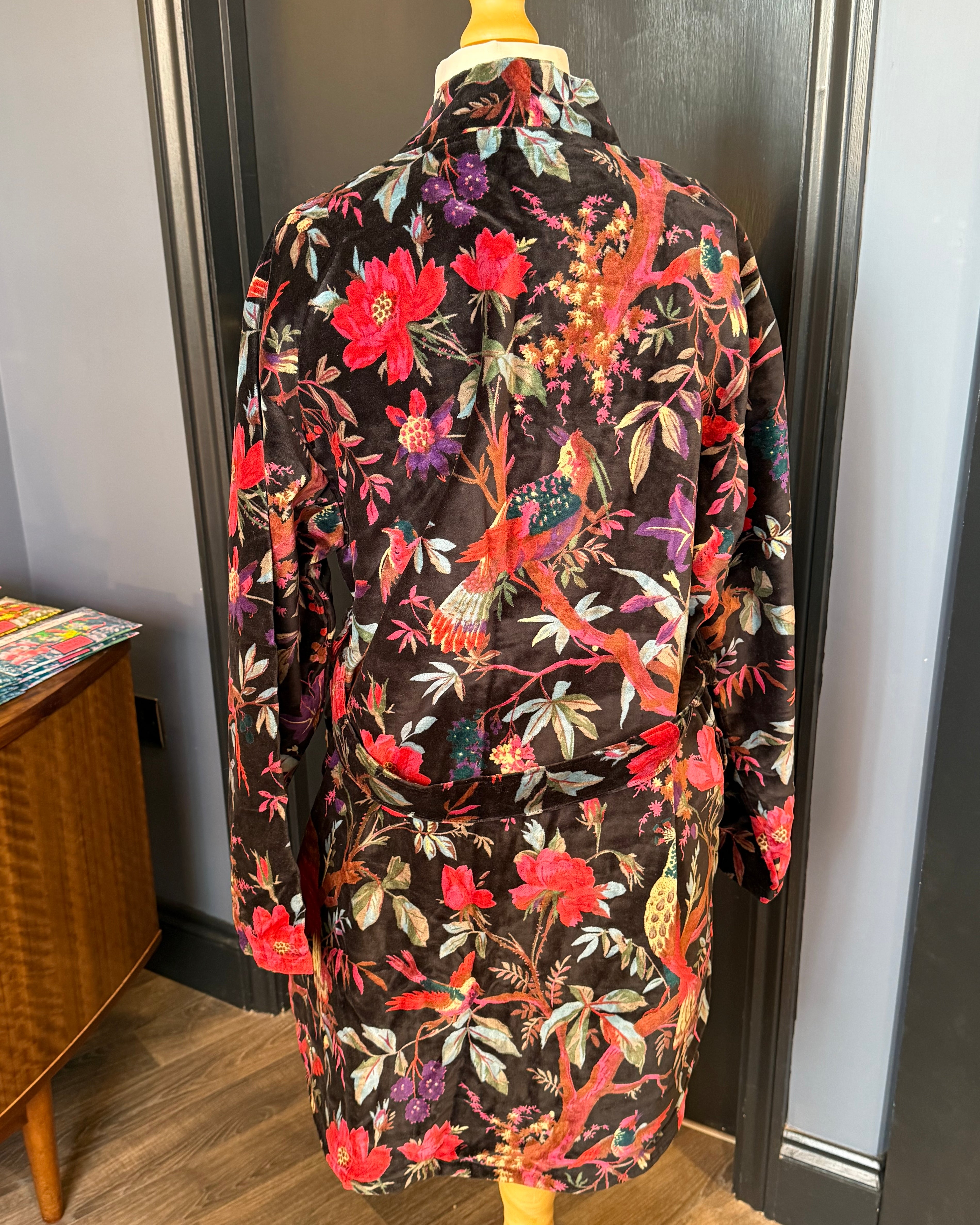 Black velvet robe -  botanical & bird print, knee length