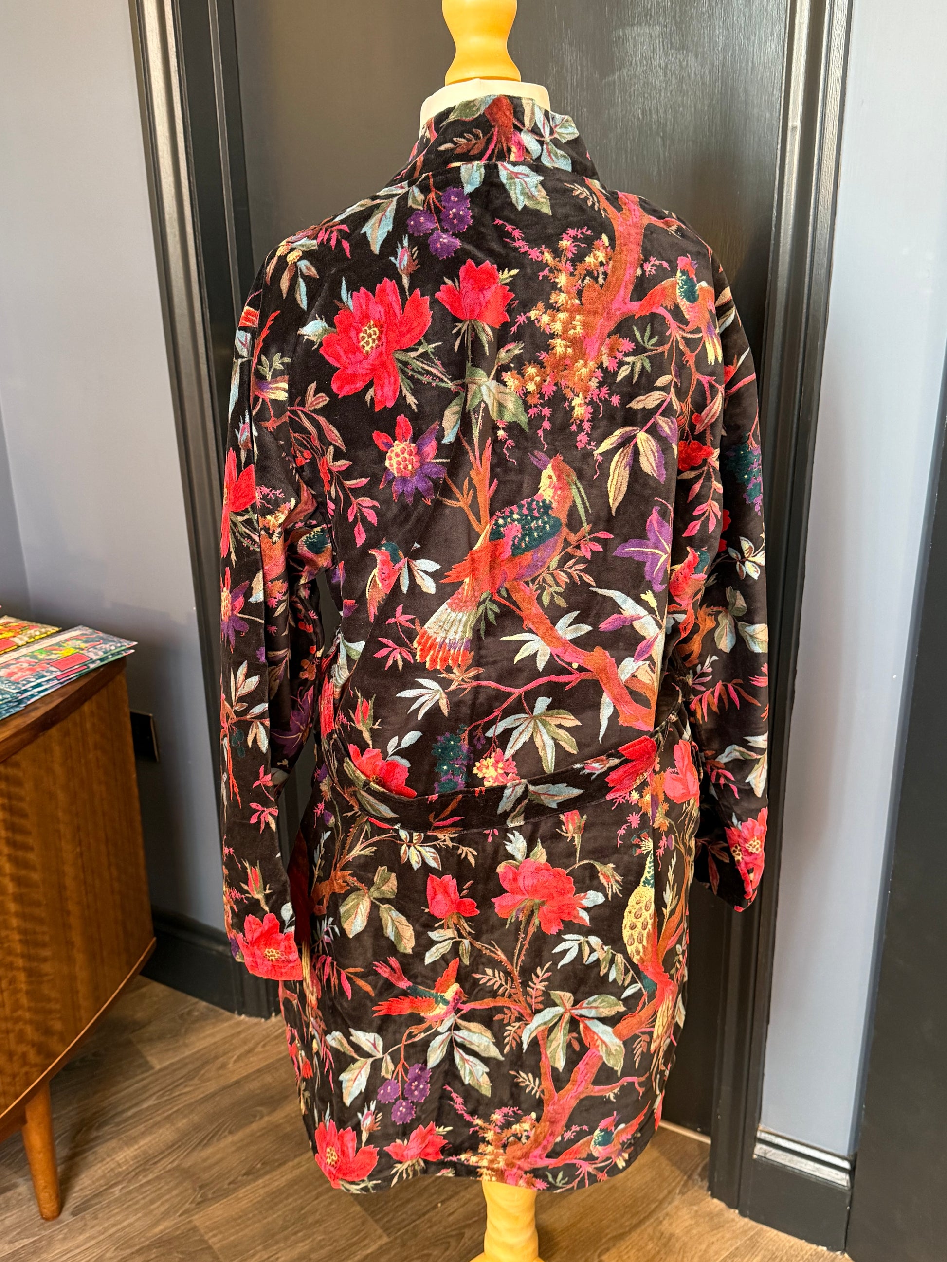Black velvet robe -  botanical & bird print, knee length