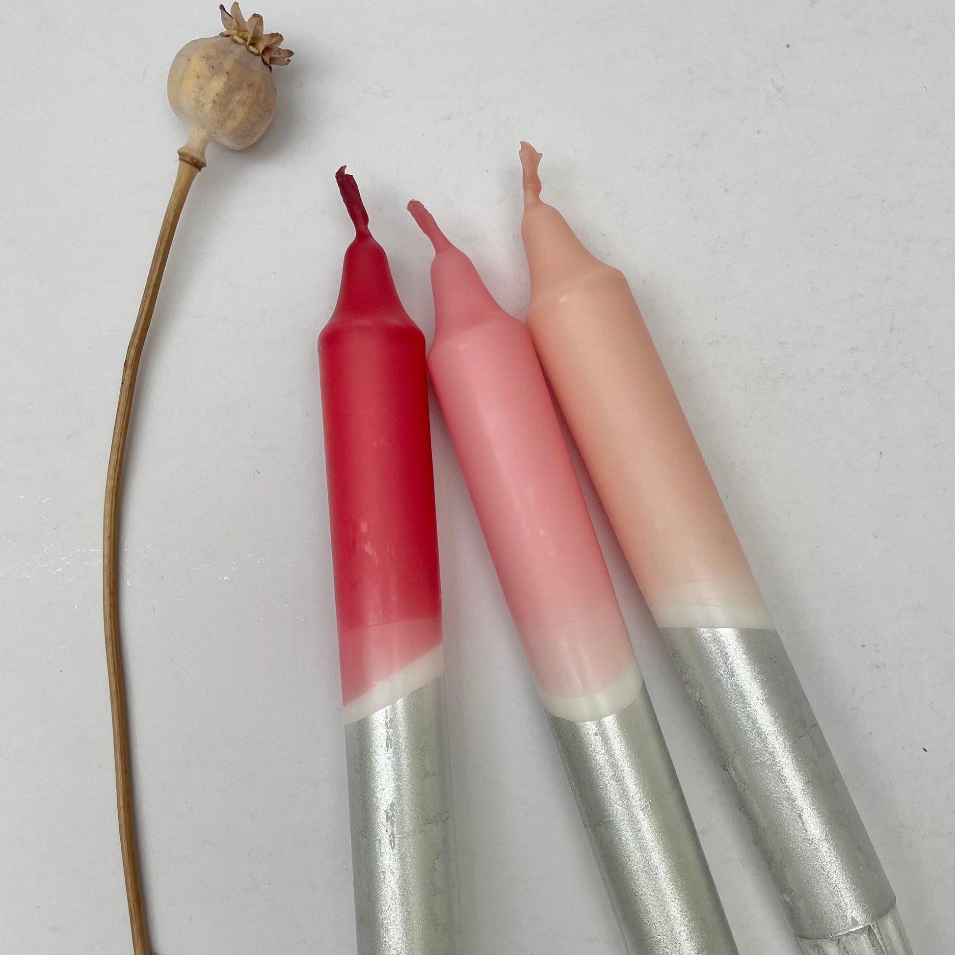 Berry Tones & Silver Dip Dyed Dinner Candles