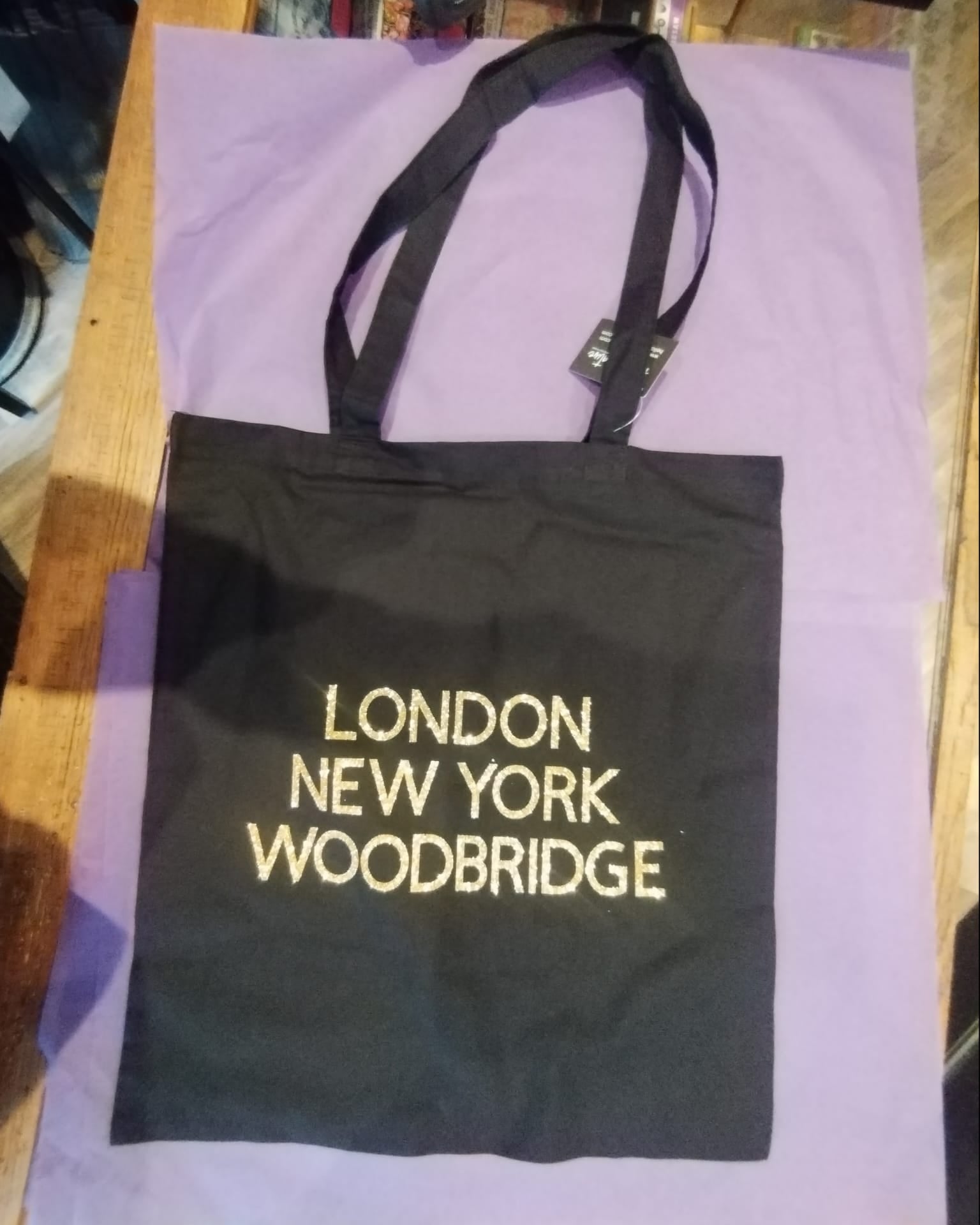 Black Tote, Gold Text - London New York Woodbridge