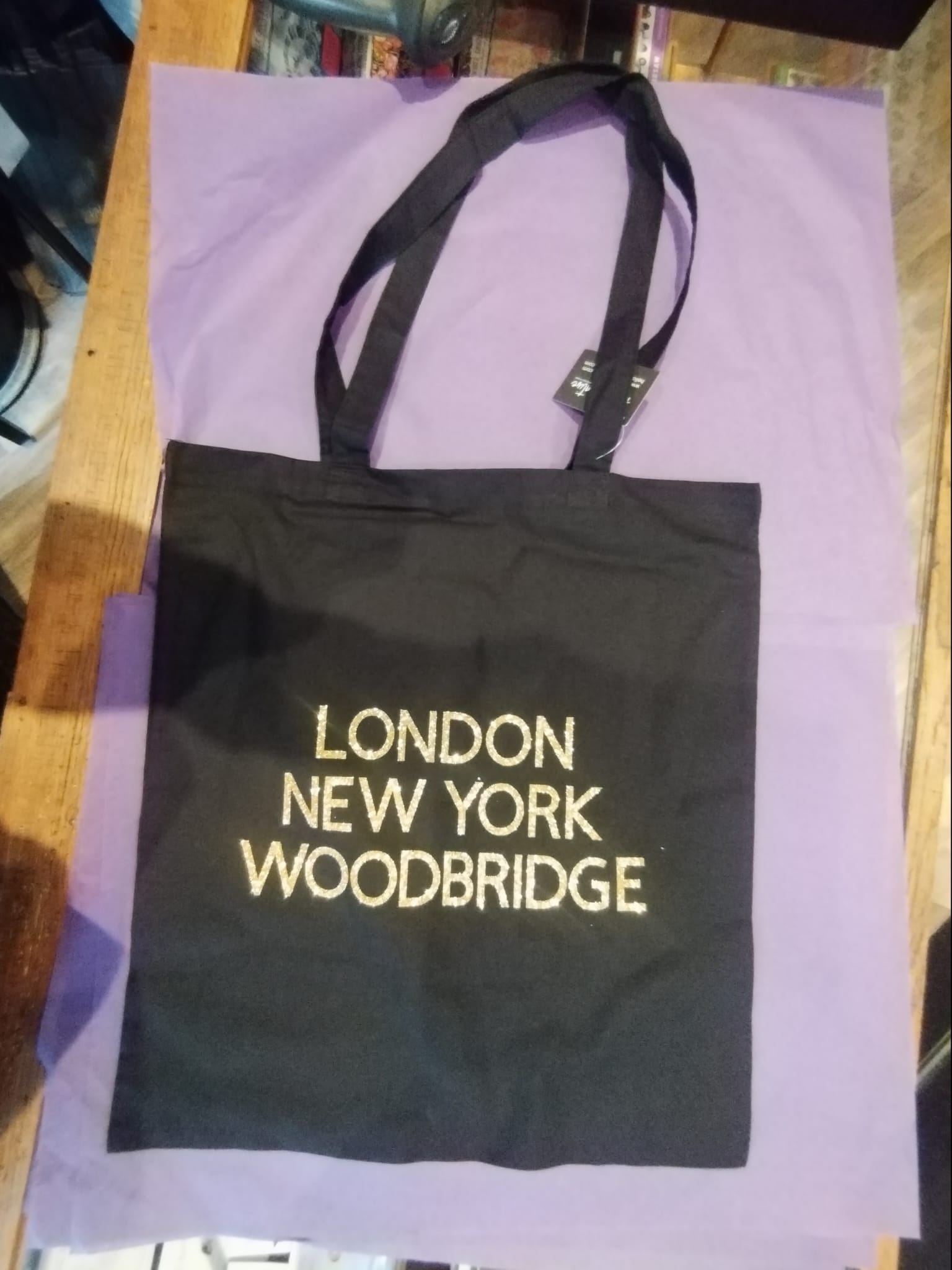 Black Tote, Gold Text - London New York Woodbridge