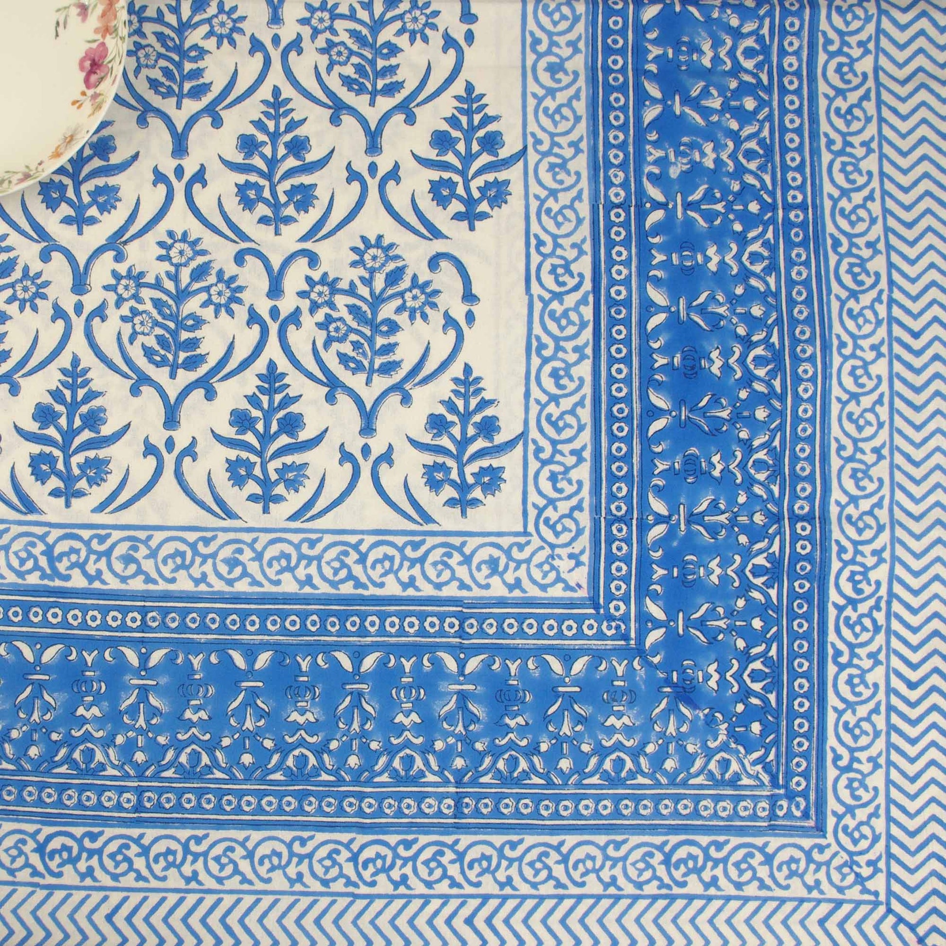 6 Seater Block Printed Rectangular Tablecloth- Blue Floral
