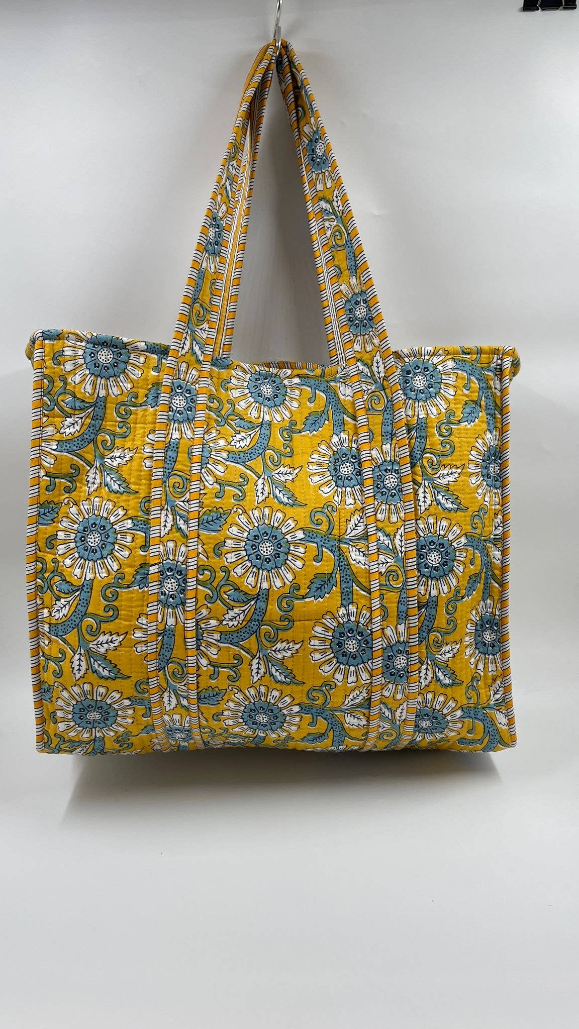 Gold Floral Cotton Quilted Tote Bag