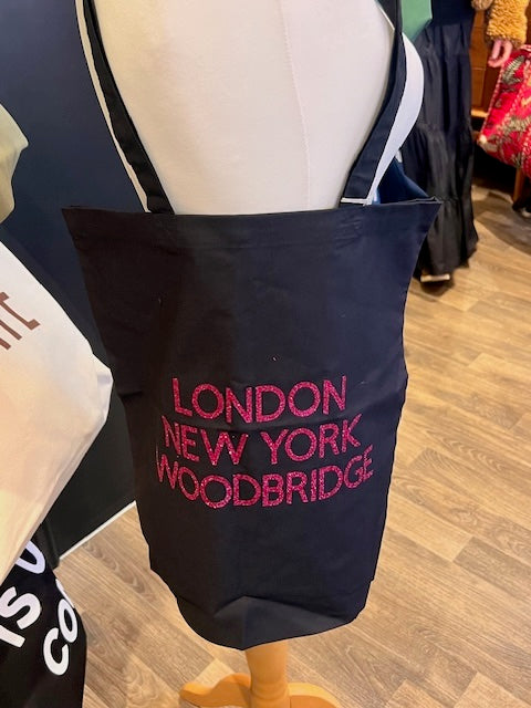 Black Tote Pink Text - London New York Woodbridge