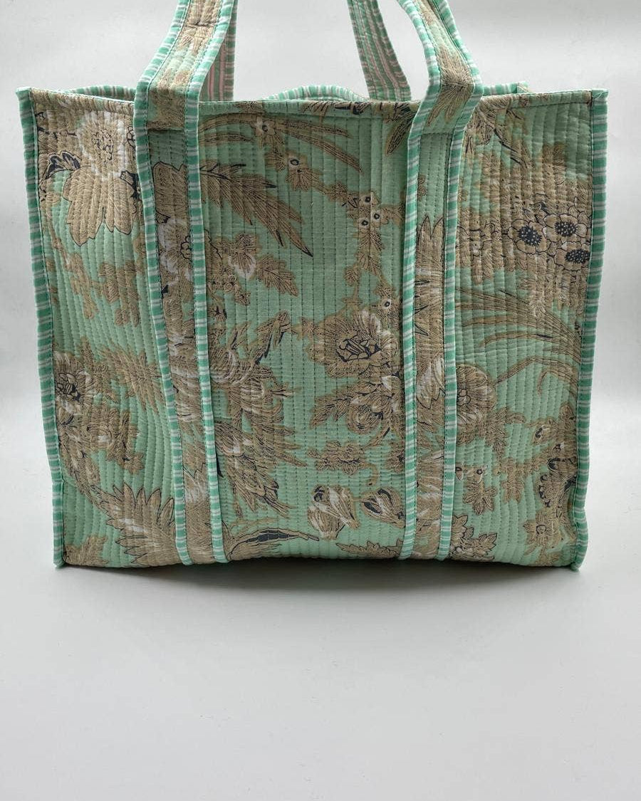Teal, Floral Kantha Quilted  Tote Bag