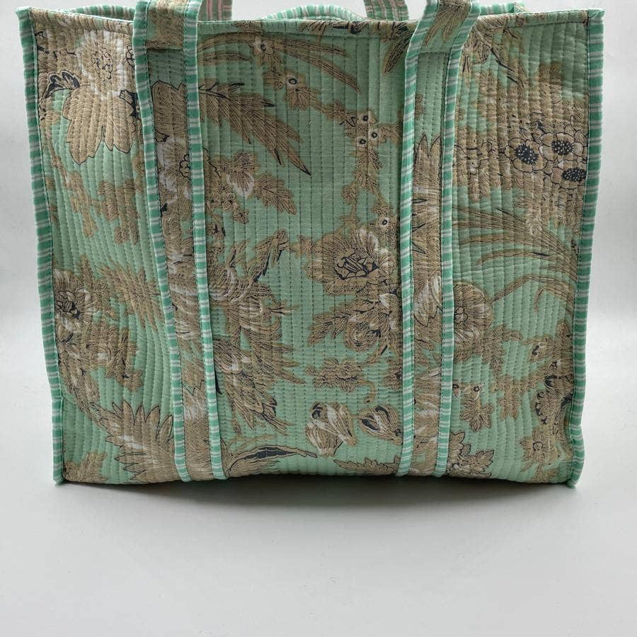 Teal, Floral Kantha Quilted  Tote Bag