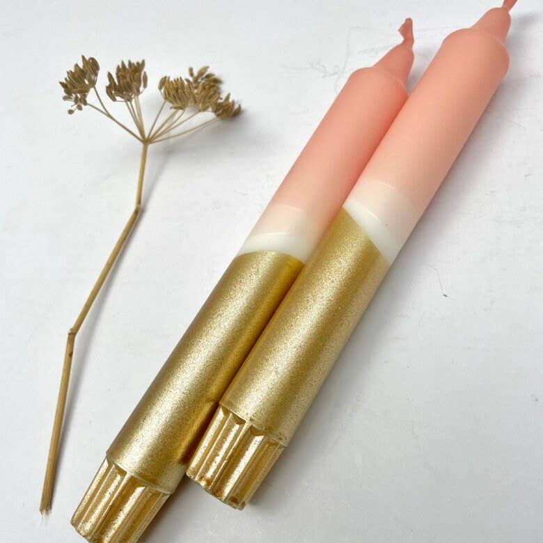 Blush Pink & Gold Dip Dyed Dinner Candles x 2